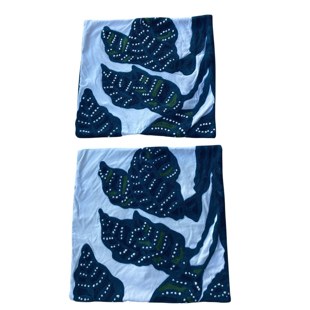 West Elm Crewel Embroidered Leaf Pillow Covers Teal Blue Set of 2
